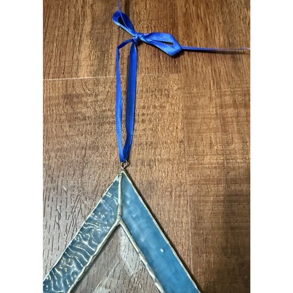 Diamond Shaped Stained Glass Hand Made Window Hanging Blue Etched Rose 11.5x7.5” - Picture 3 of 11